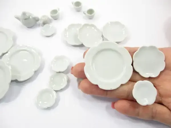 Dollhouse Miniature Ceramic 21 White Scallop Plate Dish Teapot Cup Saucer 2359 - Image 5