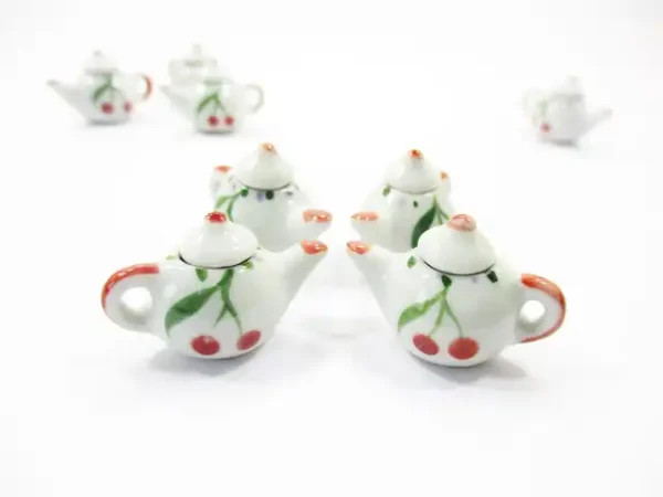 Set 4 Coffee Pot Teapot Cherry Paint Dollhouse Miniature Ceramic Supply 12927 - Image 2