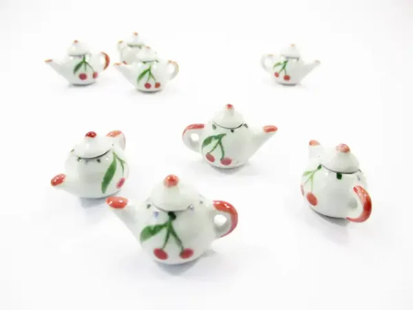 Set 4 Coffee Pot Teapot Cherry Paint Dollhouse Miniature Ceramic Supply 12927 - Image 3