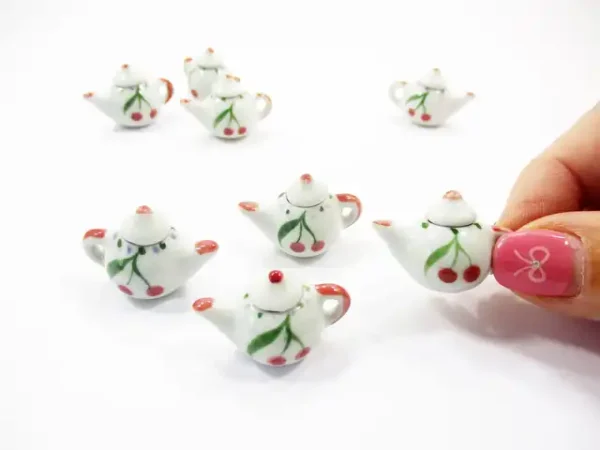 Set 4 Coffee Pot Teapot Cherry Paint Dollhouse Miniature Ceramic Supply 12927 - Image 6