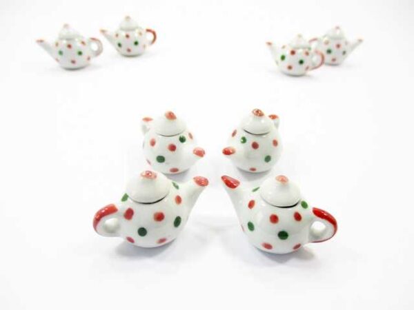 4 Coffee Teapot Christmas Paint Green Red Spot Dollhouse Miniature Ceramic 12928