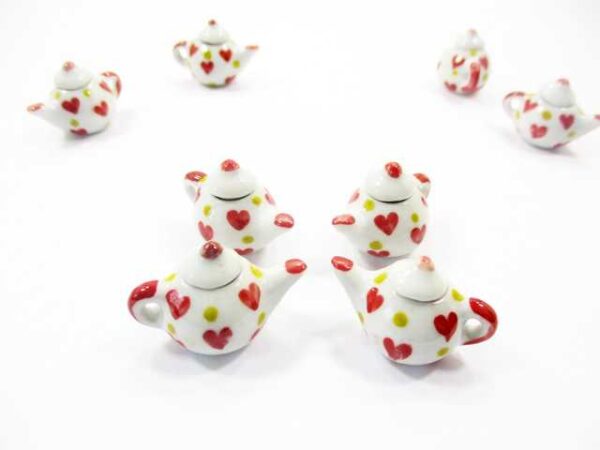 4 Coffee Teapot Red Heart Yellow Spot Paint Dollhouse Miniature Ceramic 12936