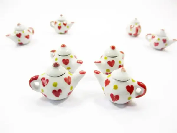 4 Coffee Teapot Red Heart Yellow Spot Paint Dollhouse Miniature Ceramic 12936 - Image 2