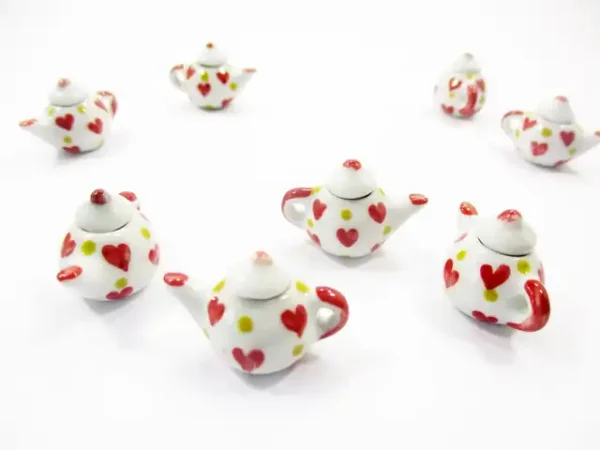 4 Coffee Teapot Red Heart Yellow Spot Paint Dollhouse Miniature Ceramic 12936 - Image 3