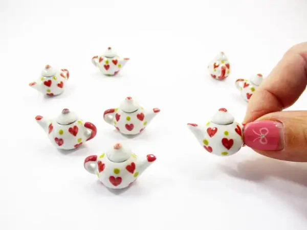 4 Coffee Teapot Red Heart Yellow Spot Paint Dollhouse Miniature Ceramic 12936 - Image 5