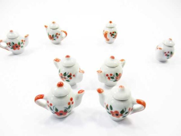 Set 4 Coffee Pot Teapot Orange Flower Paint Dolls House Miniatures Ceramic 13235