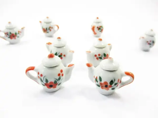Set 4 Coffee Pot Teapot Orange Flower Paint Dolls House Miniatures Ceramic 13235 - Image 2