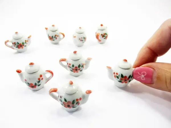 Set 4 Coffee Pot Teapot Orange Flower Paint Dolls House Miniatures Ceramic 13235 - Image 5