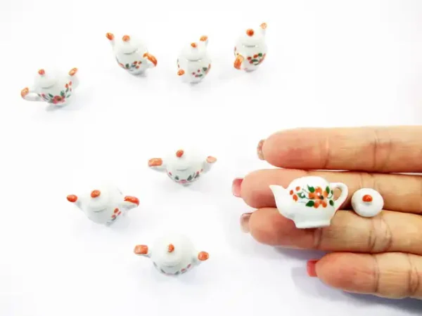 Set 4 Coffee Pot Teapot Orange Flower Paint Dolls House Miniatures Ceramic 13235 - Image 6