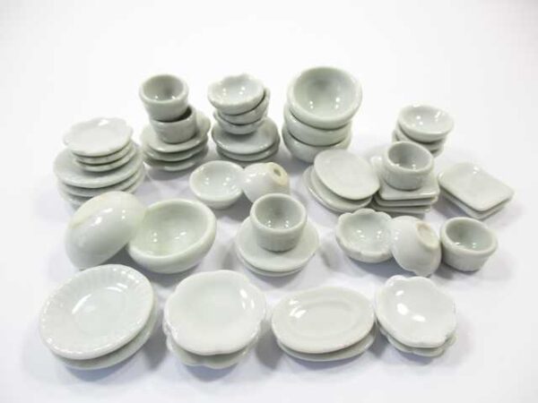 Set 50 Mixed White Ceramic Plate Dish Bowl Dollhouse Miniature Kitchen 13347
