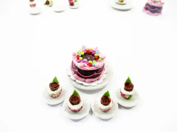 Dollhouse Miniatures Food Chocolate Cake & Rose Cupcake Ceramic Plate Set 13378 - Image 2