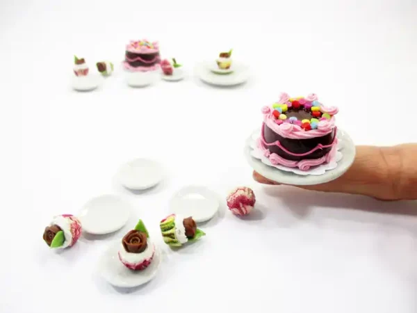 Dollhouse Miniatures Food Chocolate Cake & Rose Cupcake Ceramic Plate Set 13378 - Image 5