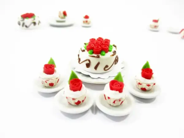 Dollhouse Miniatures Food Cake & Red Rose Cupcake Ceramic Plate Lover Set 13379 - Image 2