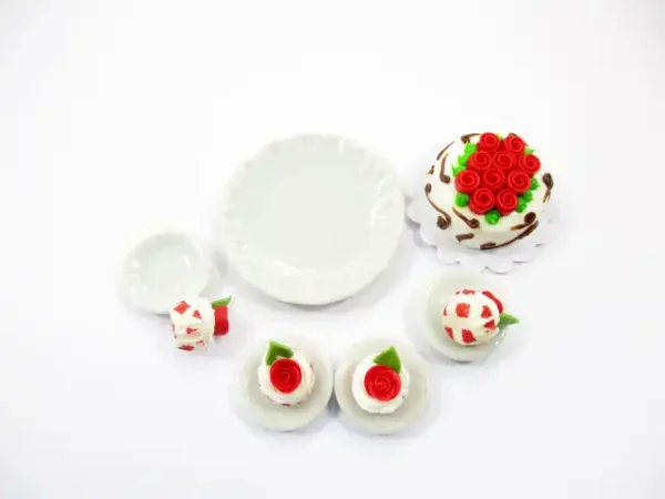 Dollhouse Miniatures Food Cake & Red Rose Cupcake Ceramic Plate Lover Set 13379 - Image 3