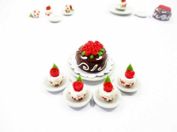 Dollhouse Miniatures Food Cake & Red Rose Cupcake Ceramic Plate Lover Set 13380