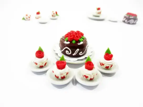 Dollhouse Miniatures Food Cake & Red Rose Cupcake Ceramic Plate Lover Set 13380 - Image 2