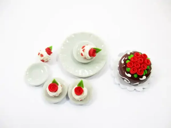 Dollhouse Miniatures Food Cake & Red Rose Cupcake Ceramic Plate Lover Set 13380 - Image 3