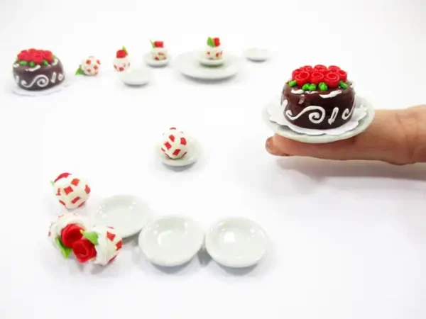 Dollhouse Miniatures Food Cake & Red Rose Cupcake Ceramic Plate Lover Set 13380 - Image 5