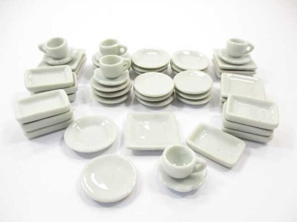 Dollhouse Miniature Ceramic 50 White Square Plate Dish Cup Saucer Scallop 16667