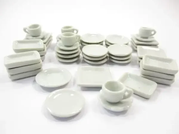 Dollhouse Miniature Ceramic 50 White Square Plate Dish Cup Saucer Scallop 16667 - Image 2