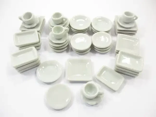 Dollhouse Miniature Ceramic 50 White Square Plate Dish Cup Saucer Scallop 16667 - Image 3