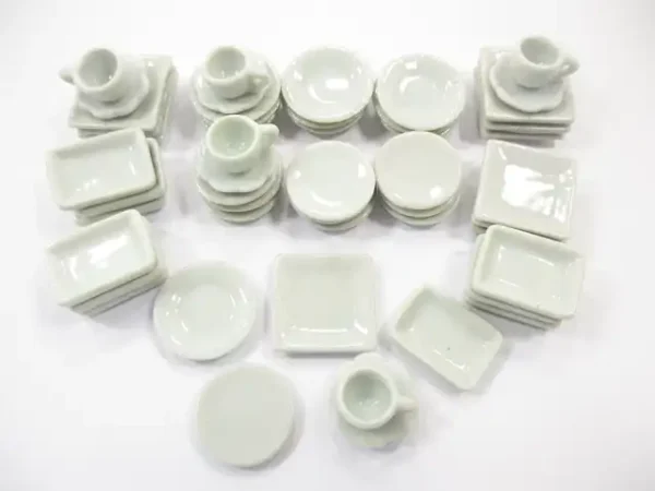 Dollhouse Miniature Ceramic 50 White Square Plate Dish Cup Saucer Scallop 16667 - Image 4