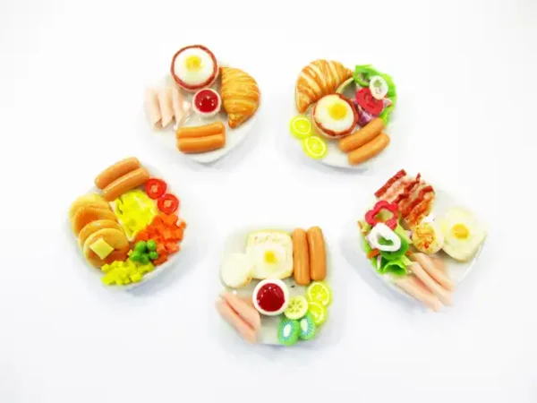 Dollhouse Miniature Food 5 Ceramic Plates Breakfast Sausage Ham Egg Supply 13744 - Image 2