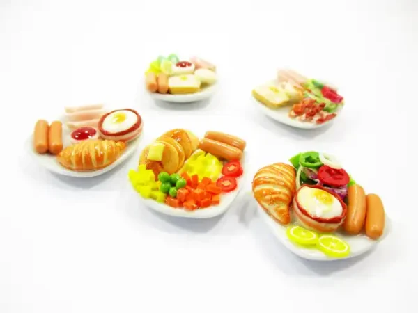 Dollhouse Miniature Food 5 Ceramic Plates Breakfast Sausage Ham Egg Supply 13744 - Image 4