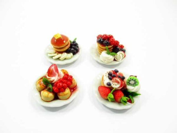 Dollhouse Miniature  Food 4 Ceramic Plate Dessert Mixed Fruit Pancakes 15939