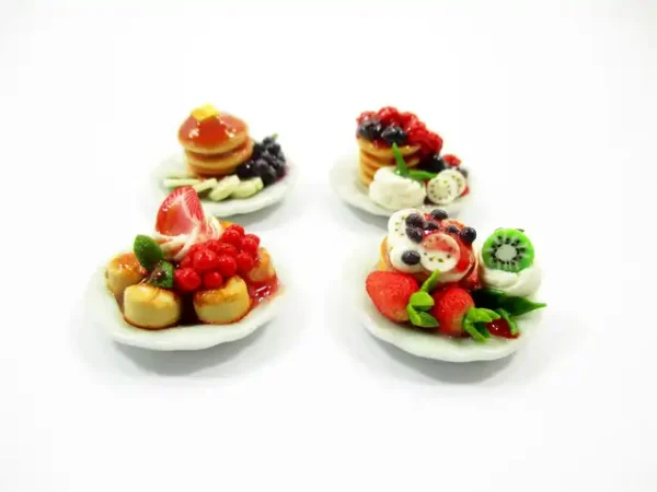 Dollhouse Miniature  Food 4 Ceramic Plate Dessert Mixed Fruit Pancakes 15939 - Image 2