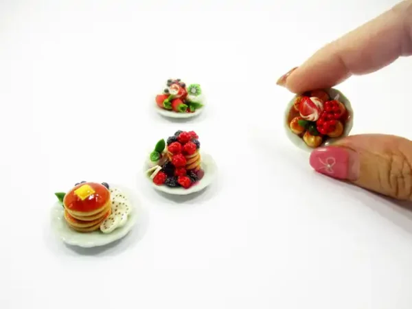 Dollhouse Miniature  Food 4 Ceramic Plate Dessert Mixed Fruit Pancakes 15939 - Image 7