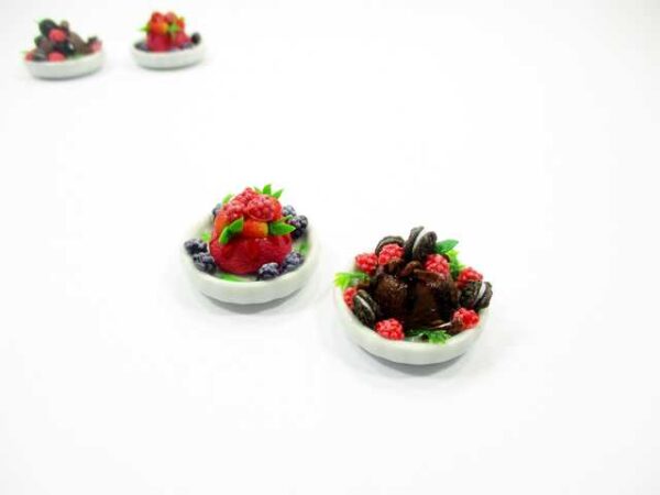 Dollhouse Miniature Food 2 Mixed Fruit Cake Pudding Ceramic Plate 16175