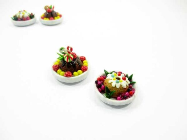 Dollhouse Miniature Food 2 Mixed Fruit Cake Christmas Dessert Plate 16176