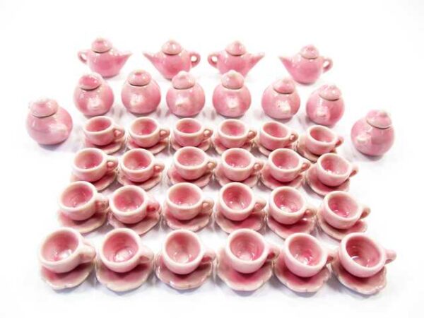 Dollhouse Miniature Ceramic 24/60 Pink Teapot Cup Scallop Plate Saucer #S 1995