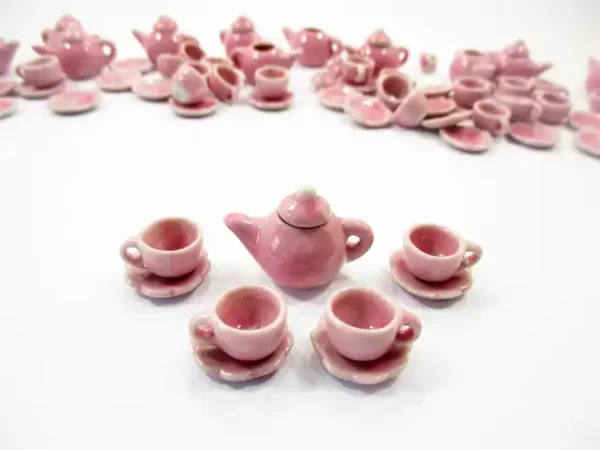 Dollhouse Miniature Ceramic 24/60 Pink Teapot Cup Scallop Plate Saucer #S 1995 - Image 2