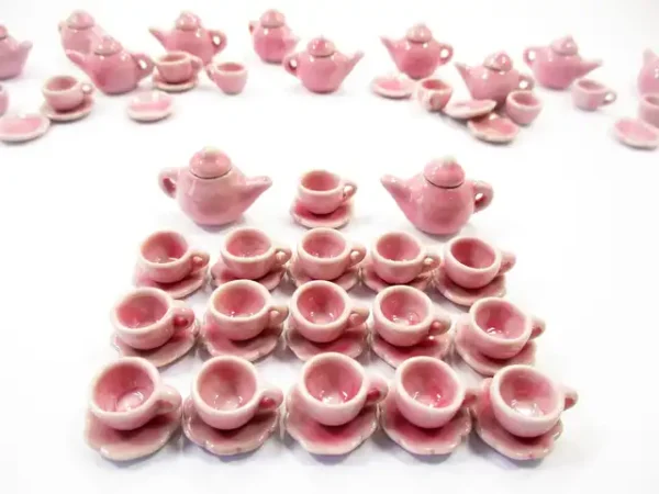 Dollhouse Miniature Ceramic 24/60 Pink Teapot Cup Scallop Plate Saucer #S 1995 - Image 3