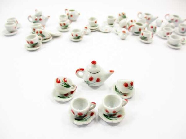 4/9 Tulip Cup Teapot Scallop Plate Saucer Dollhouse Miniature Ceramic #S 3874