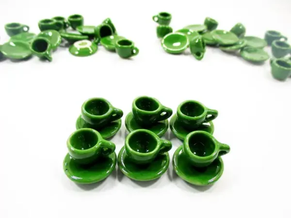 Dollhouse Miniature Green Ceramic Coffee Cup Saucer Round Plate #S - Image 2