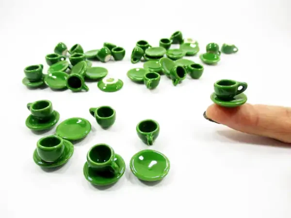Dollhouse Miniature Green Ceramic Coffee Cup Saucer Round Plate #S - Image 6