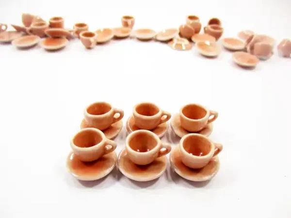 Dollhouse Miniature Salmon Ceramic Coffee Cup Saucer Round Plate #S - Image 2
