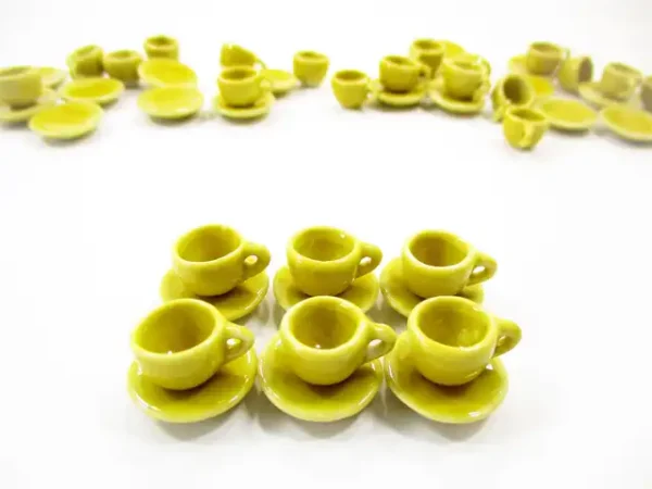 Dollhouse Miniature Yellow Ceramic Coffee Cup Saucer Round Plate #S - Image 2