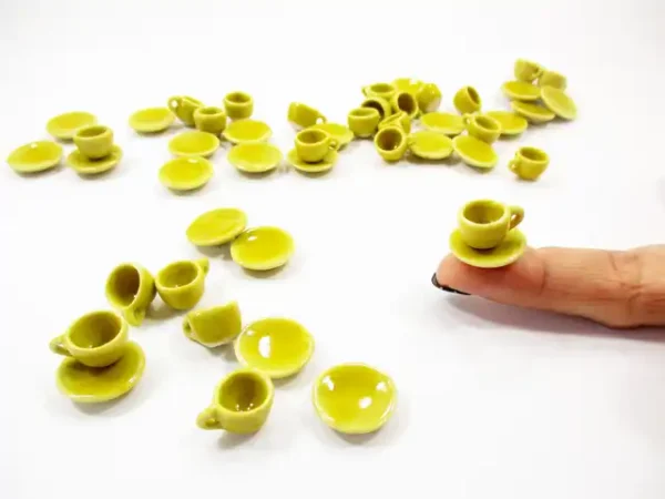 Dollhouse Miniature Yellow Ceramic Coffee Cup Saucer Round Plate #S - Image 5