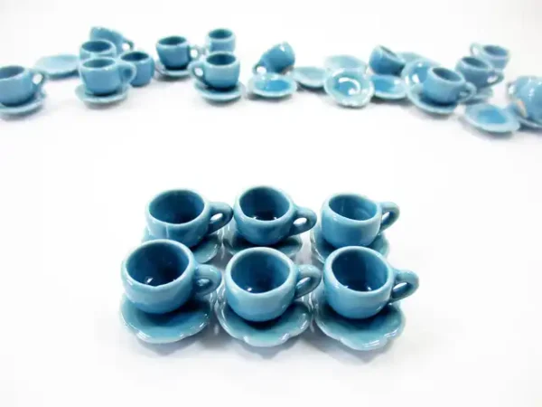 1:6 Dollhouse Miniature Ceramic Blue Coffee Cup Saucer Scallop Plate #M - Image 2