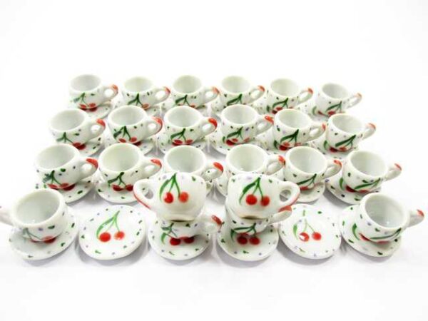 1:6 Dollhouse Miniature Ceramic Cherry Paint Cup Saucer Round Plate #M