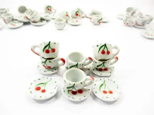 1:6 Dollhouse Miniature Ceramic Cherry Paint Cup Saucer Round Plate #M - Image 2