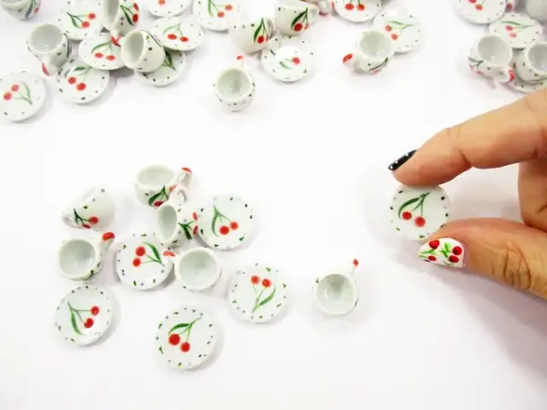 1:6 Dollhouse Miniature Ceramic Cherry Paint Cup Saucer Round Plate #M - Image 3