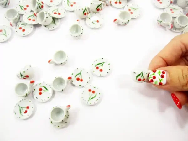 1:6 Dollhouse Miniature Ceramic Cherry Paint Cup Saucer Round Plate #M - Image 4