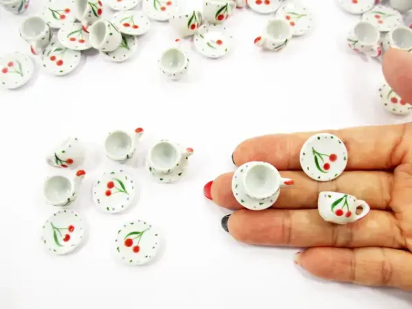 1:6 Dollhouse Miniature Ceramic Cherry Paint Cup Saucer Round Plate #M - Image 5