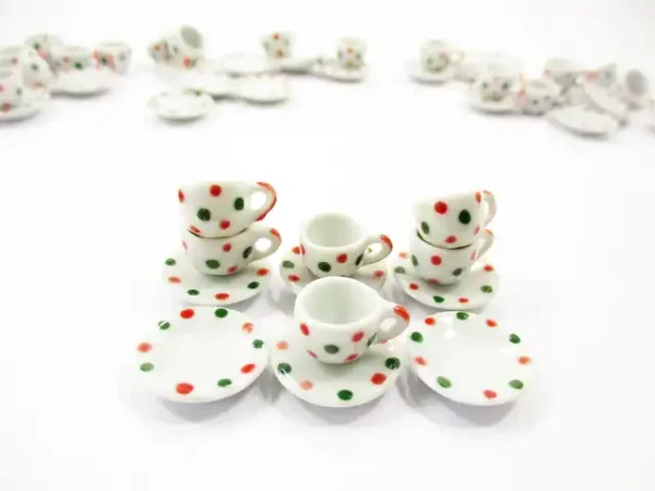 Dollhouse Miniature Ceramic Christmas Coffee Tea Cup Saucer Round Plate #S - Image 2