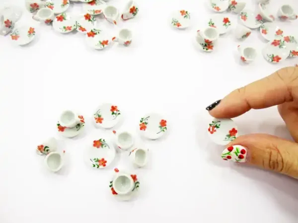Dollhouse Miniature Ceramic Flower Paint Cup Saucer Round Plate #S - Image 3